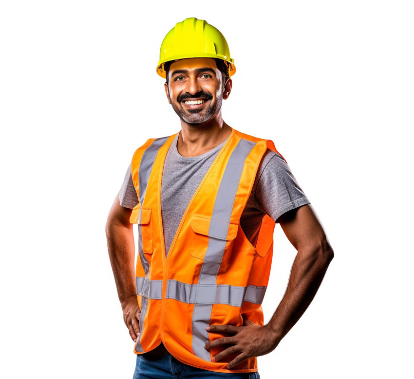 Smiling Indian construction worker on white background