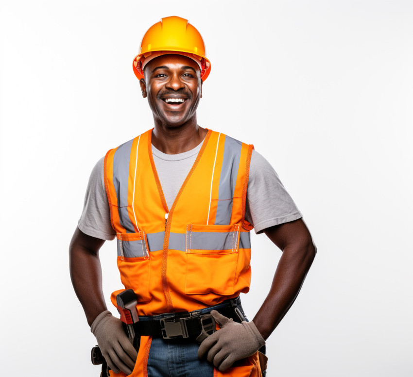 Indian drywall contractor with friendly smile isolated on white background