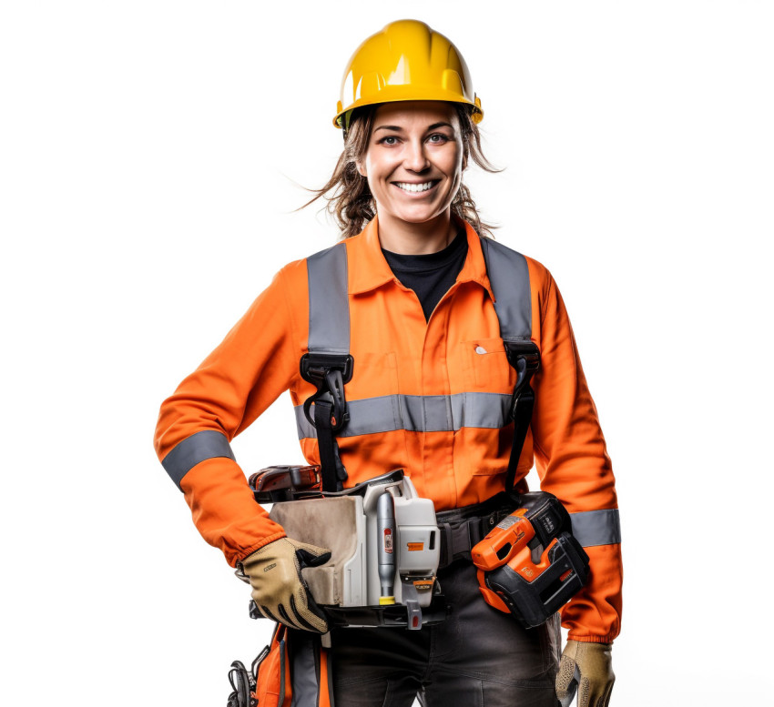 Smiling female electrician on white background