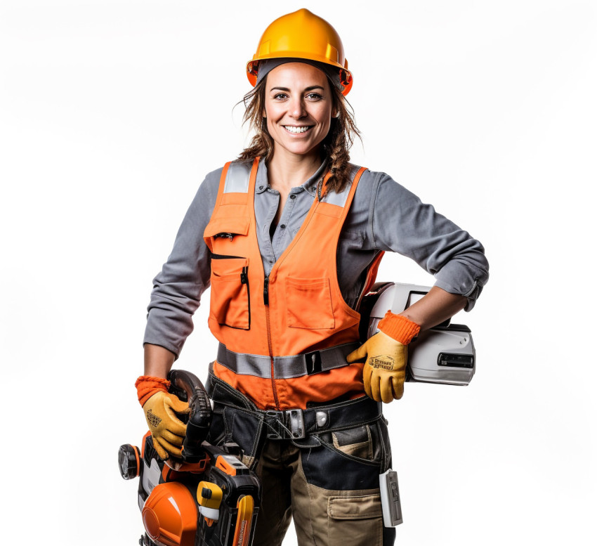 Smiling female electrician on white background