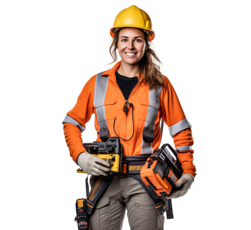 Smiling female electrician on white background