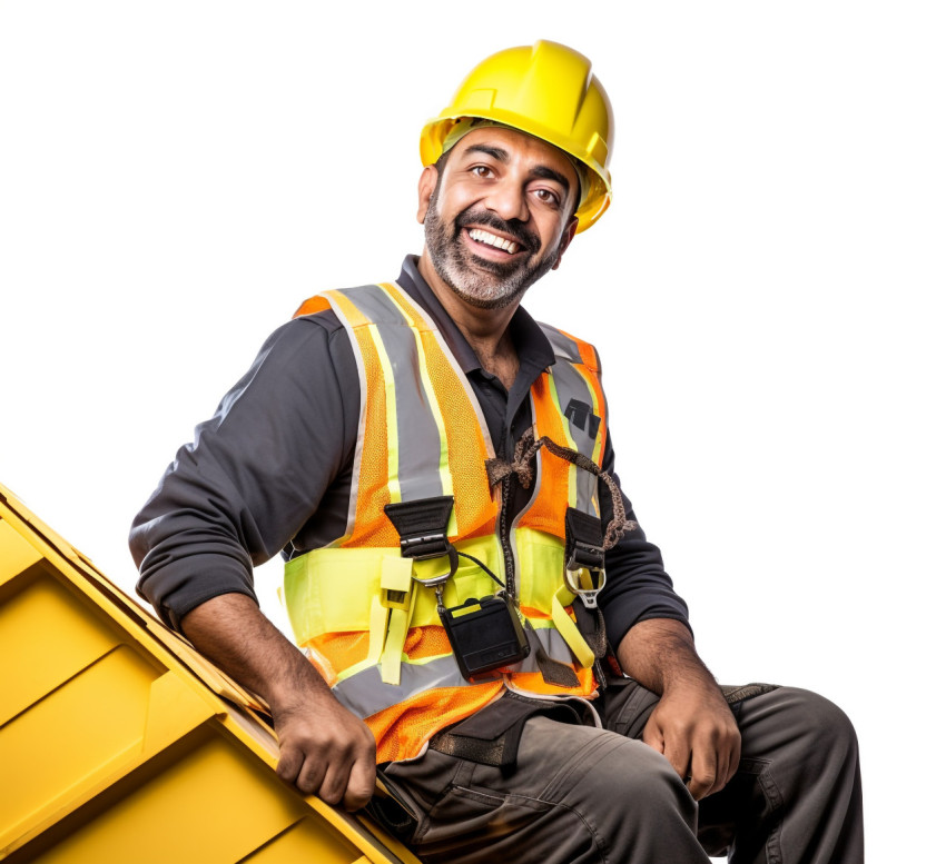 Indian roofer smiling on white background