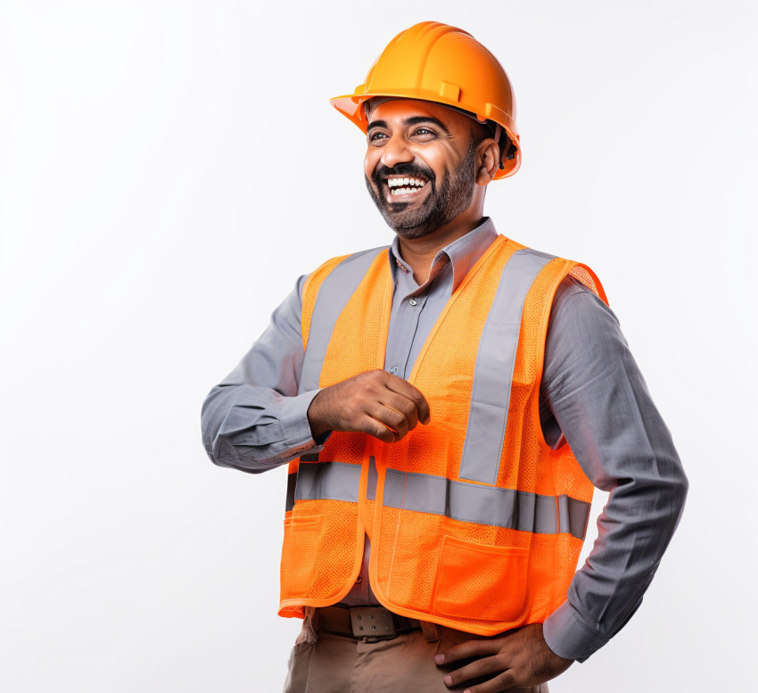 Indian drywall contractor with friendly smile isolated on white background