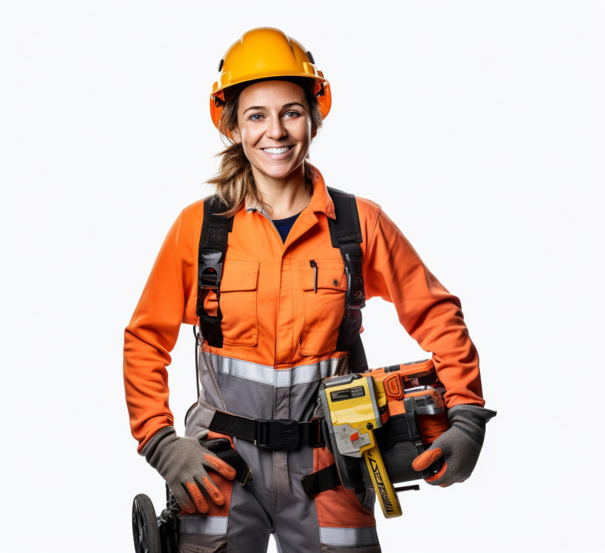 Smiling female electrician on white background