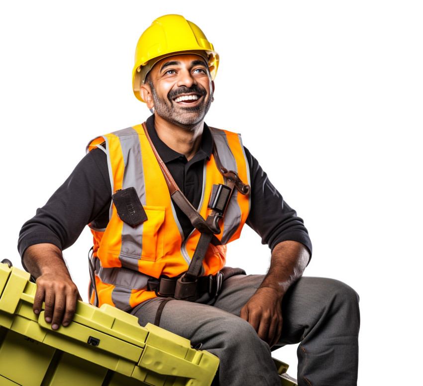 Indian roofer smiling on white background