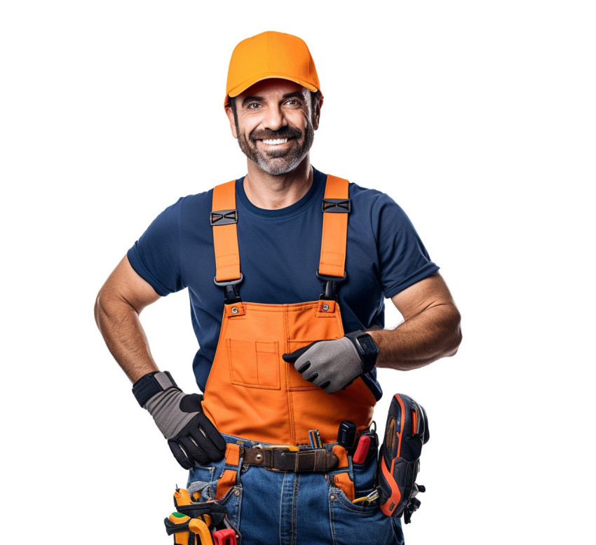 Friendly smiling electrician on white background
