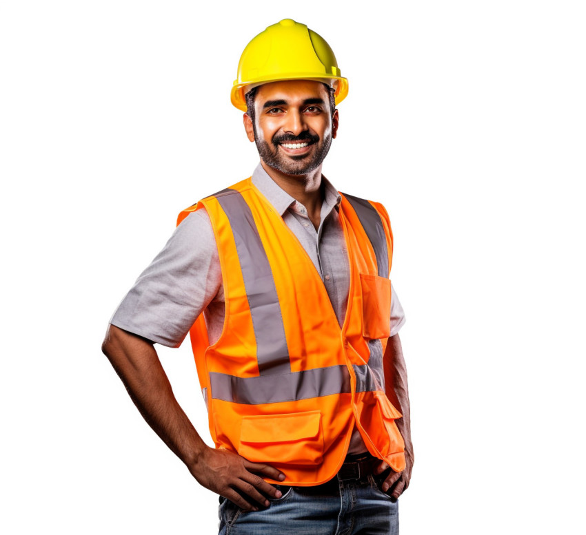 Smiling Indian construction worker on white background