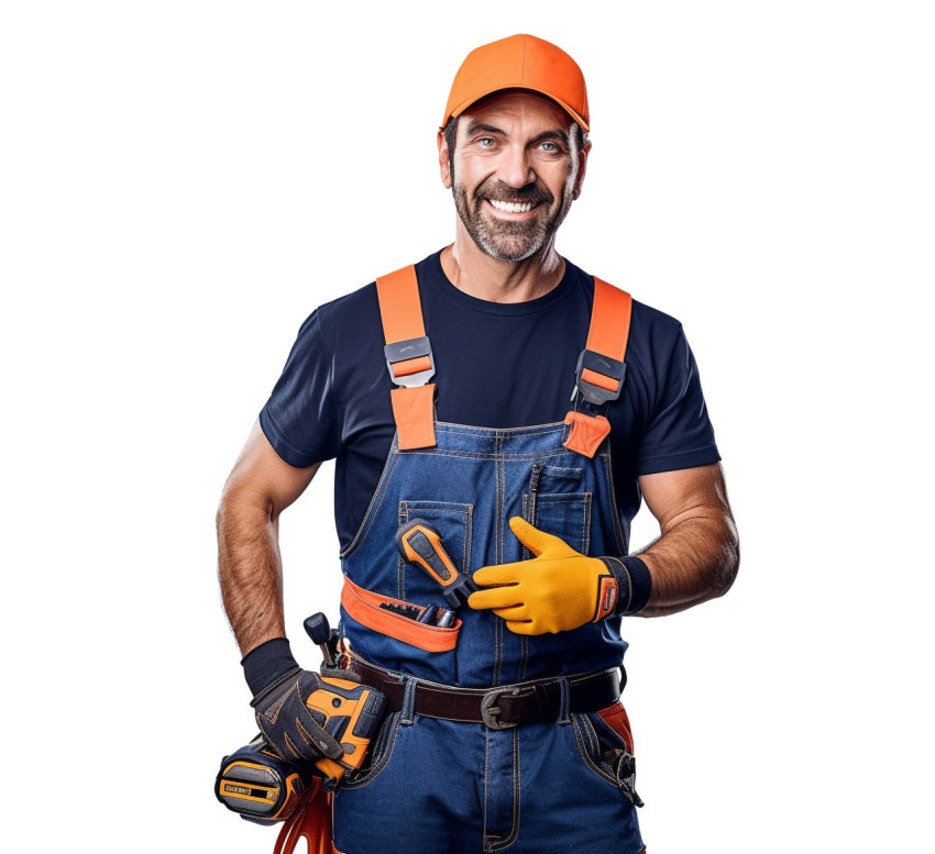 Friendly smiling electrician on white background