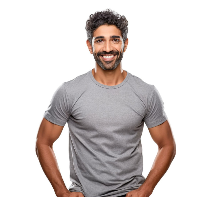 Indian male PE teacher smiling on white background