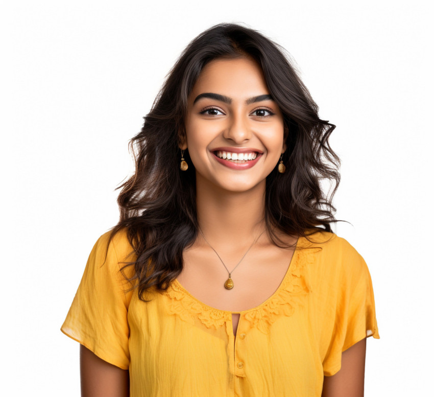 Indian female international student smiling on white background