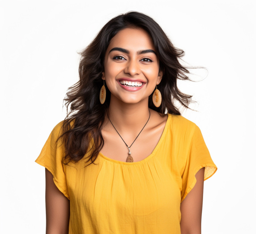 Indian female international student smiling on white background