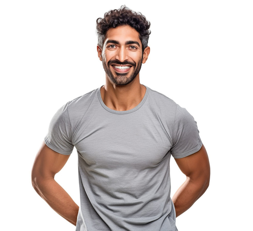 Indian male PE teacher smiling on white background