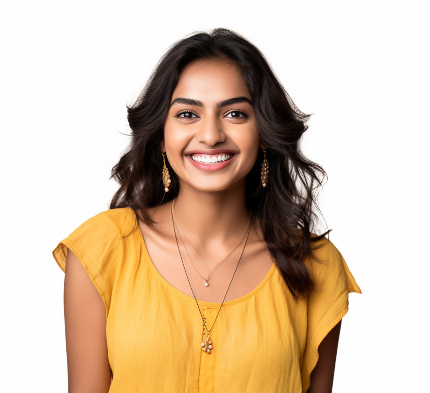 Indian female international student smiling on white background