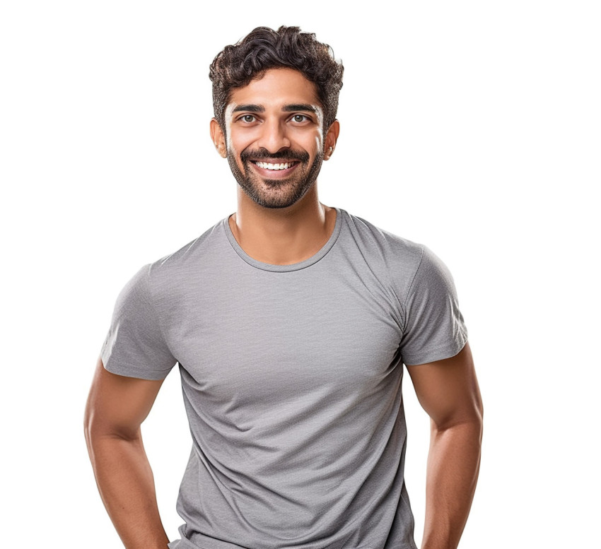 Indian male PE teacher smiling on white background