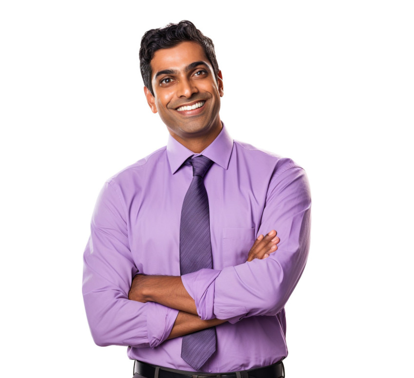 Indian male elementary school teacher smiling on white