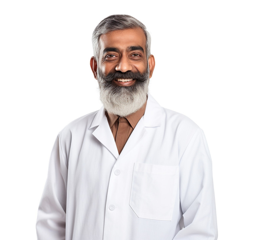 Indian science teacher smiling on white background