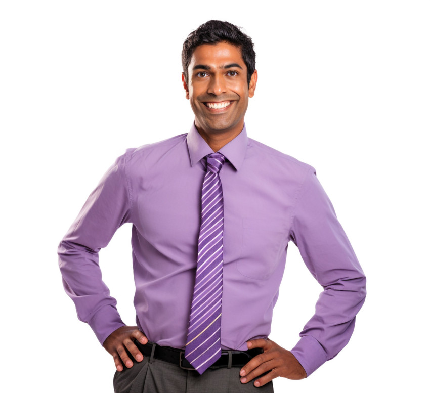 Indian male elementary school teacher smiling on white