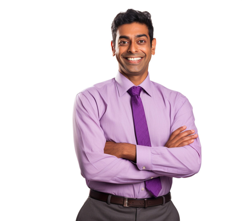 Indian male elementary school teacher smiling on white