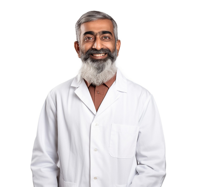 Indian science teacher smiling on white background