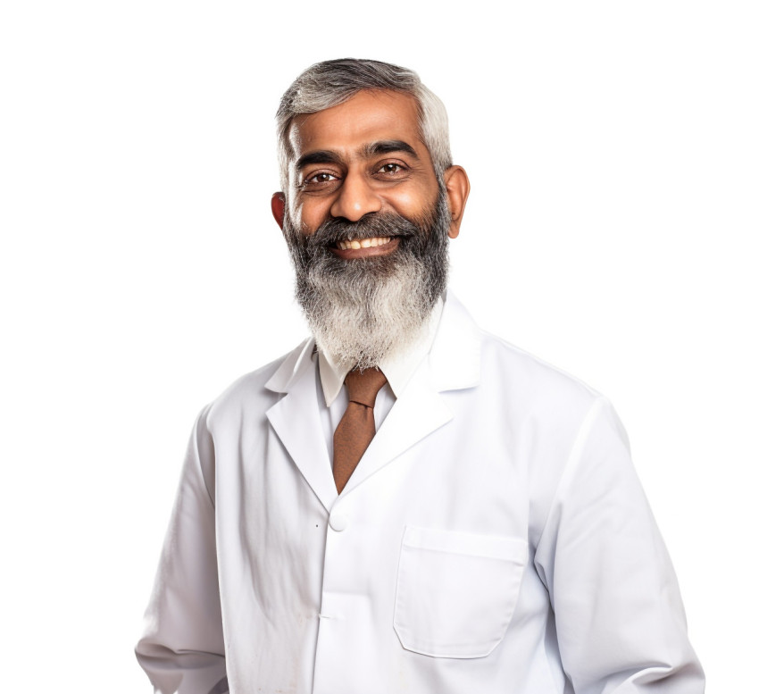 Indian science teacher smiling on white background