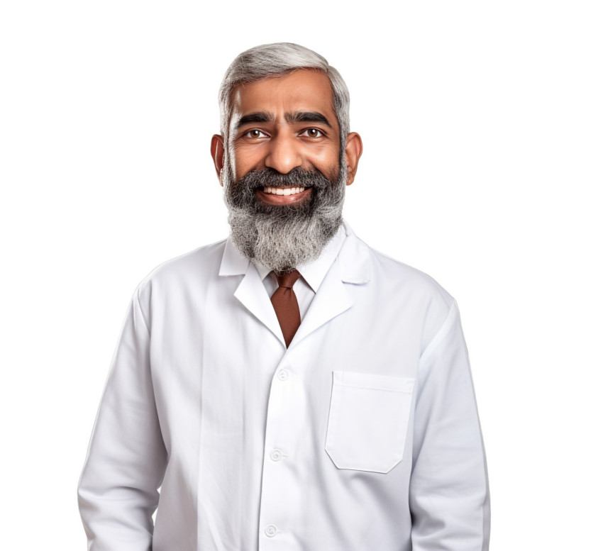 Indian science teacher smiling on white background