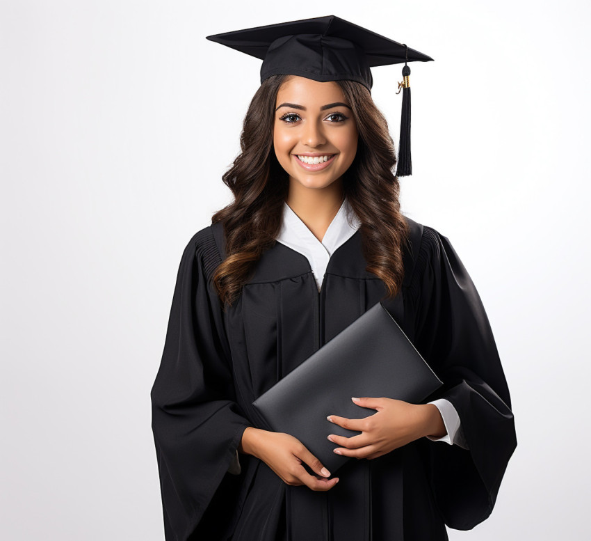 Smiling female grad student on white background