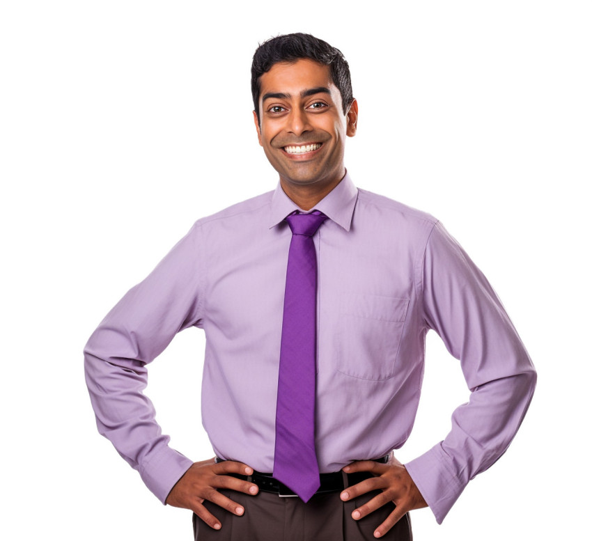 Indian male elementary school teacher smiling on white