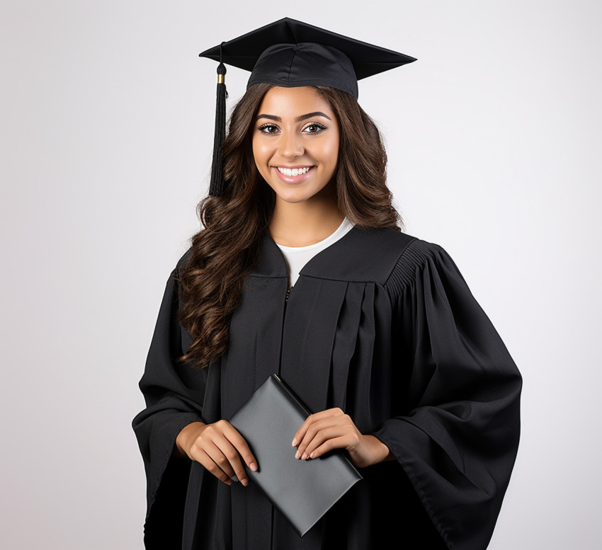 Smiling female grad student on white background