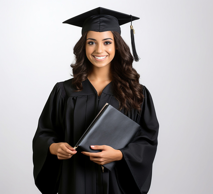 Smiling female grad student on white background