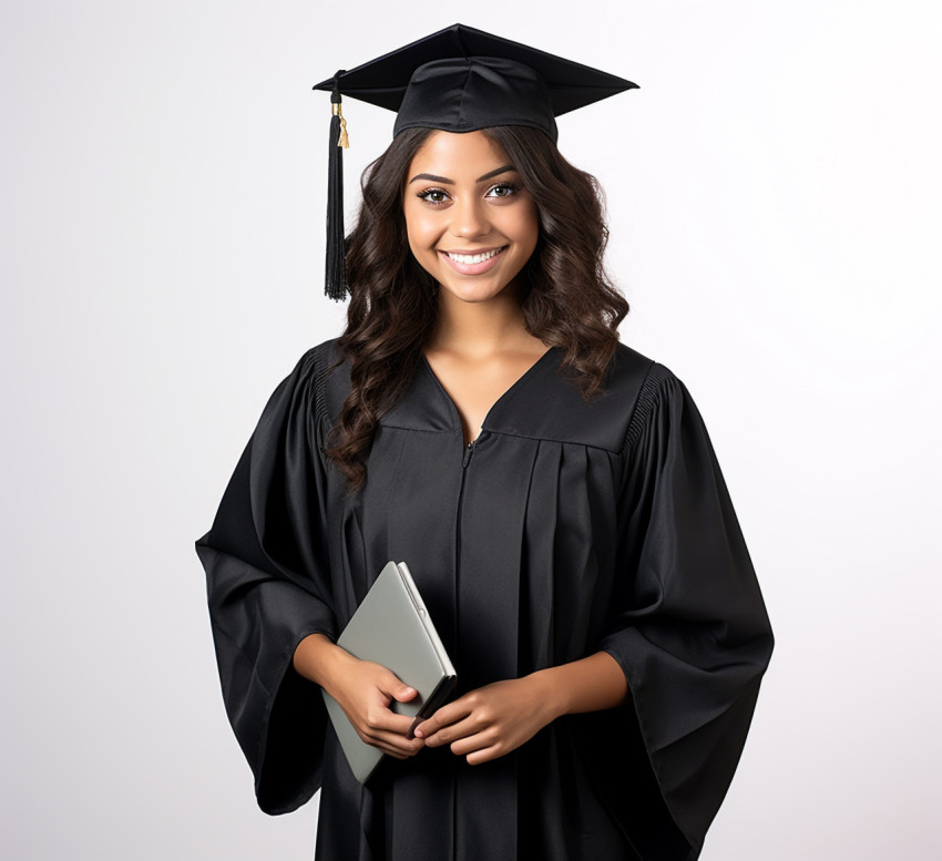 Smiling female grad student on white background