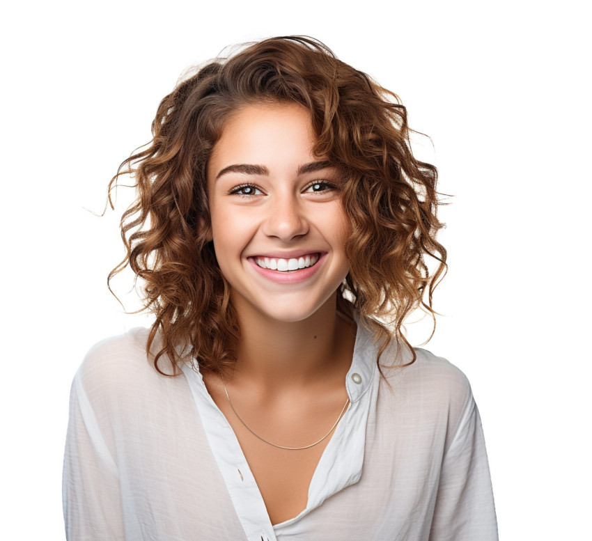 Smiling female college student on white background