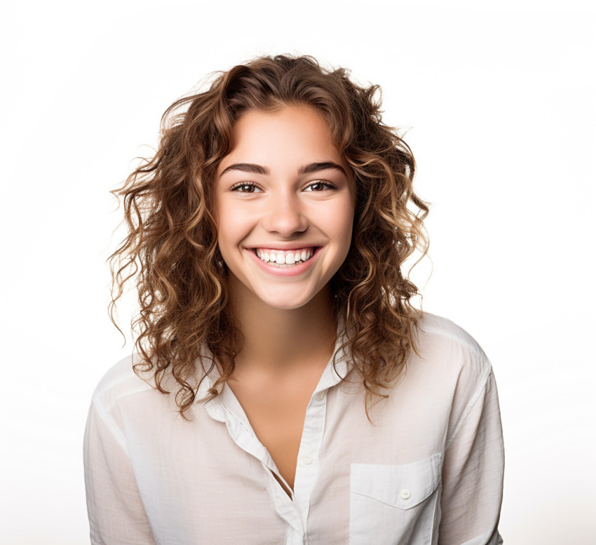 Smiling female college student on white background