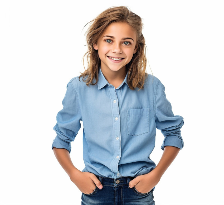 Friendly middle school girl smiling on white