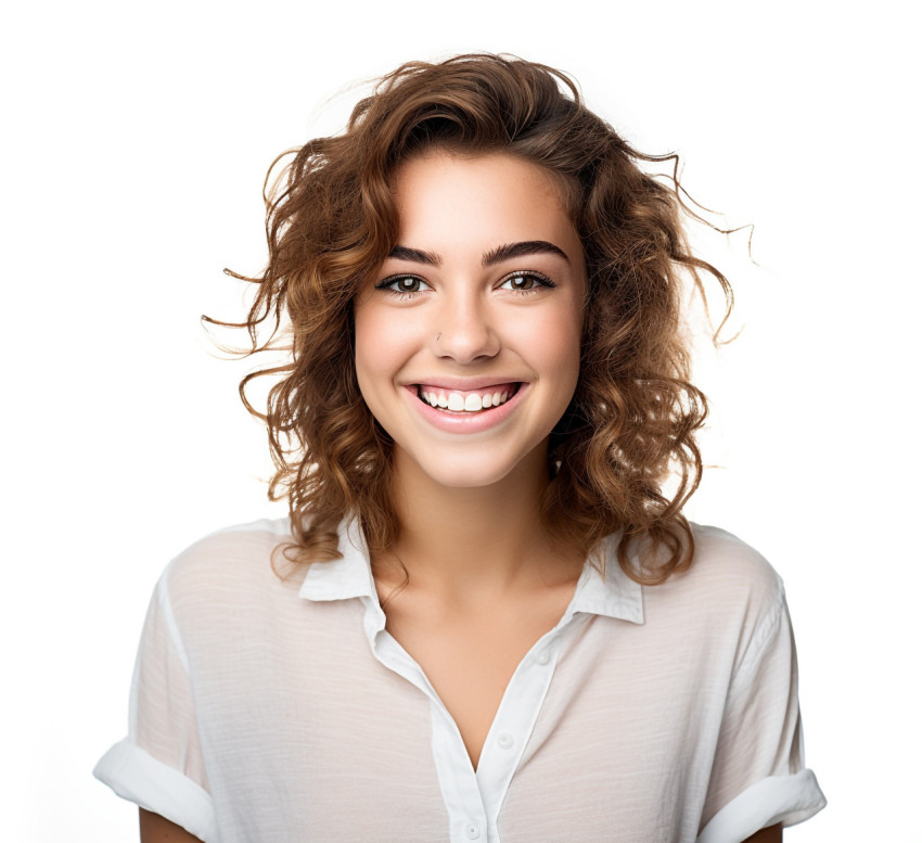 Smiling female college student on white background