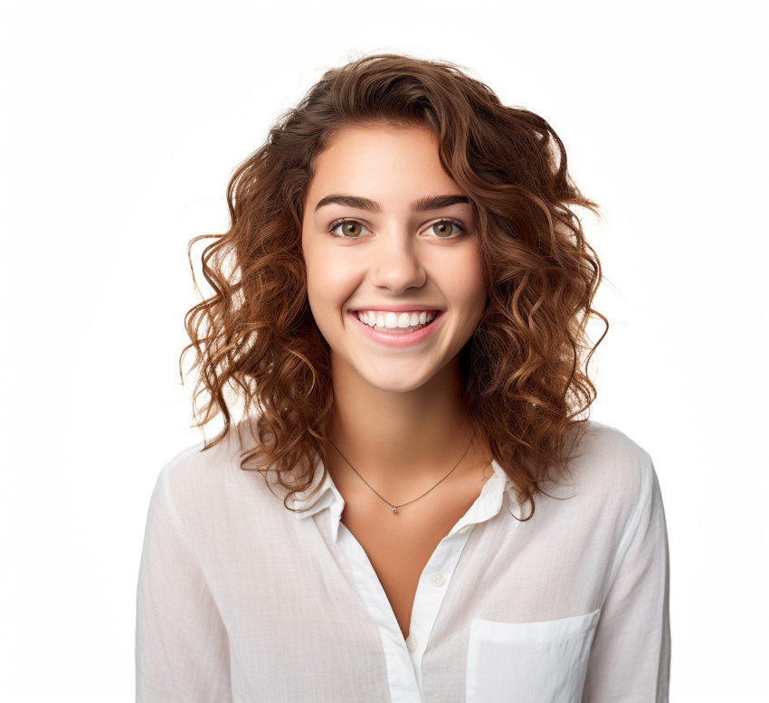 Smiling female college student on white background