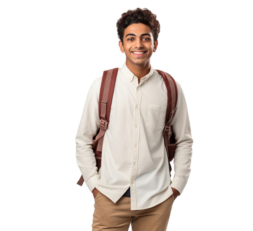 Indian trade school student smiling on white background