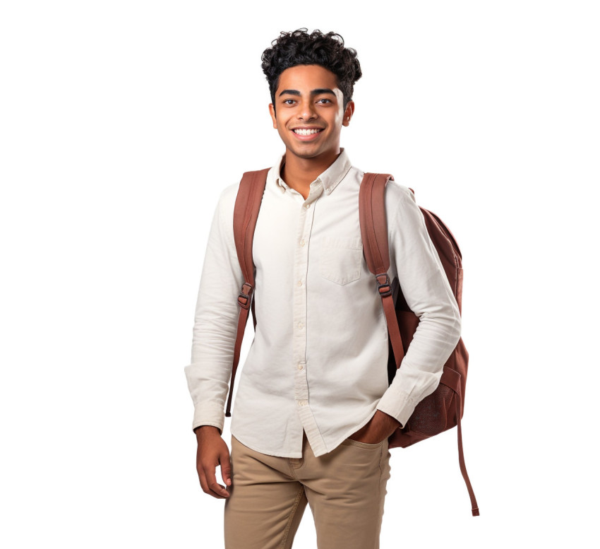 Indian trade school student smiling on white background