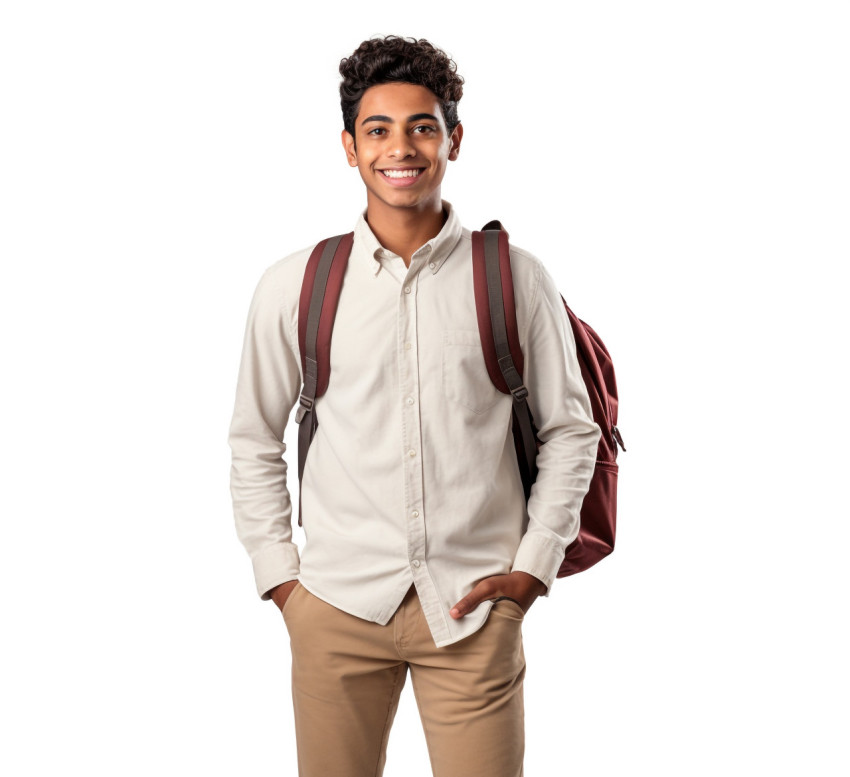 Indian trade school student smiling on white background