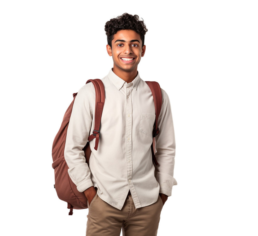 Indian trade school student smiling on white background