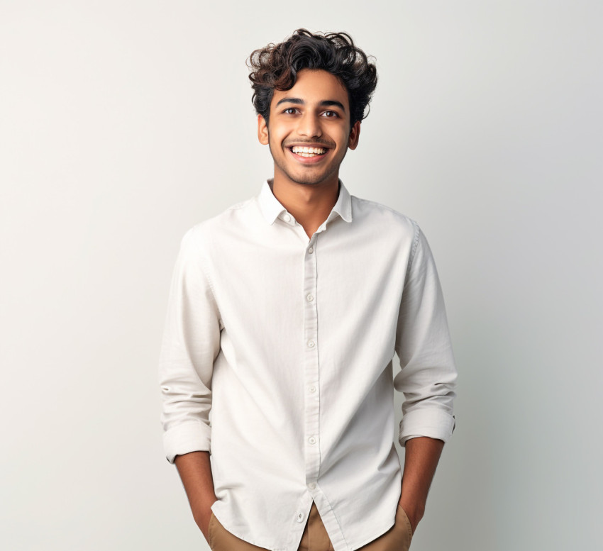 Friendly Indian male international student on white background