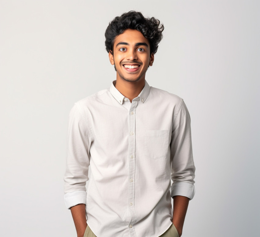 Friendly Indian male international student on white background