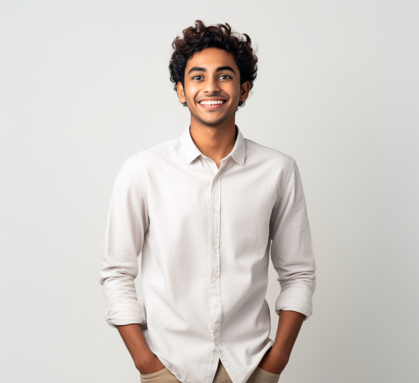 Friendly Indian male international student on white background