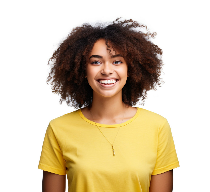 Smiling female college student on white background