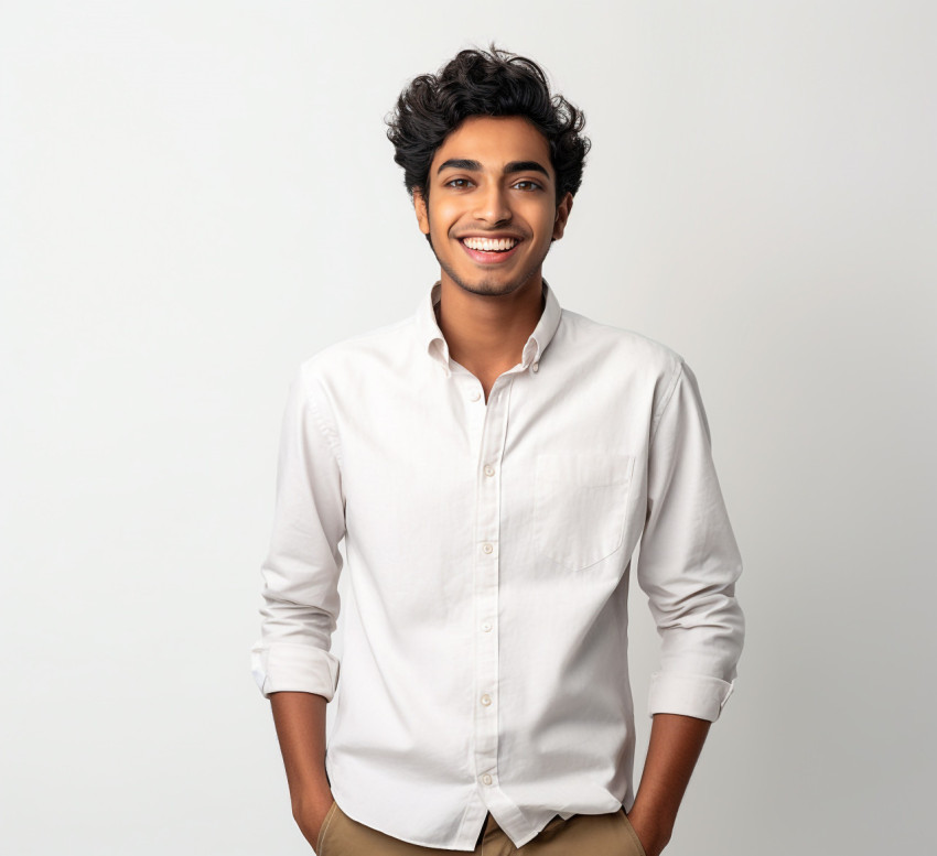 Friendly Indian male international student on white background