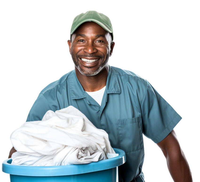 Smiling laundry worker isolated on white