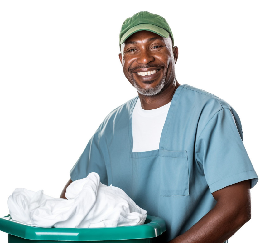 Smiling laundry worker isolated on white