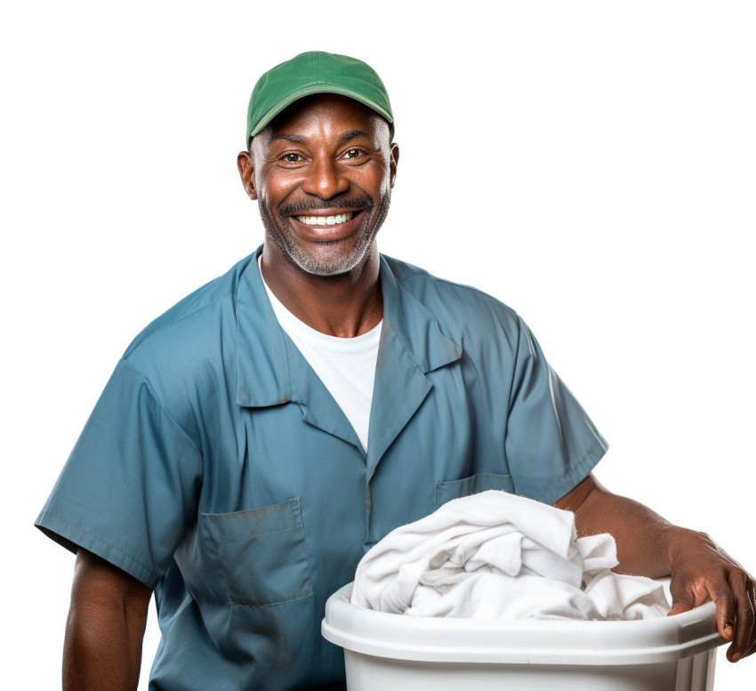 Smiling laundry worker isolated on white