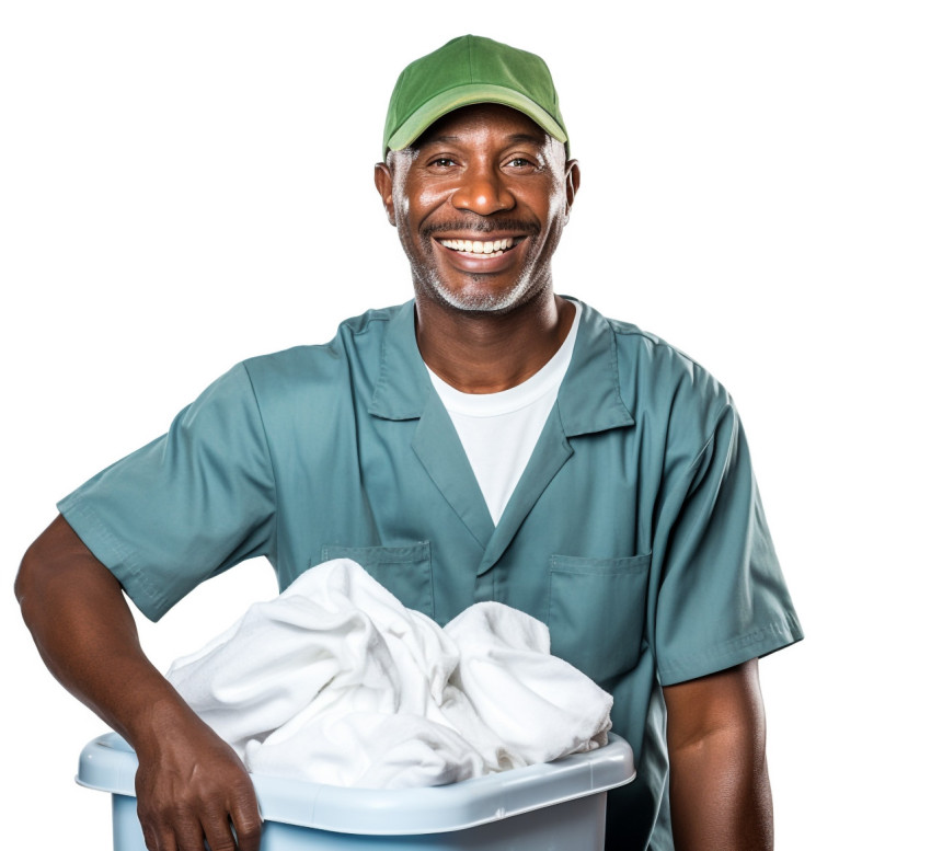 Smiling laundry worker isolated on white