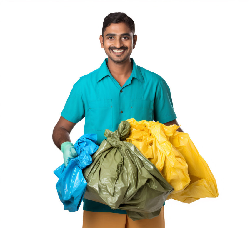 Smiling Indian laundry worker on white background