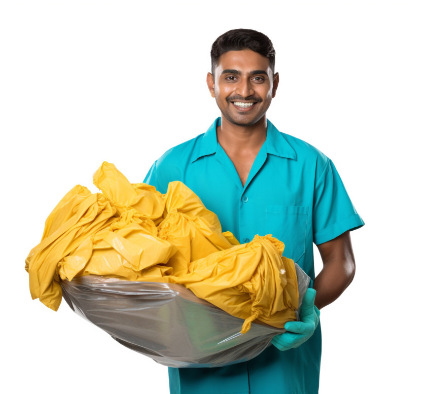 Smiling Indian laundry worker on white background